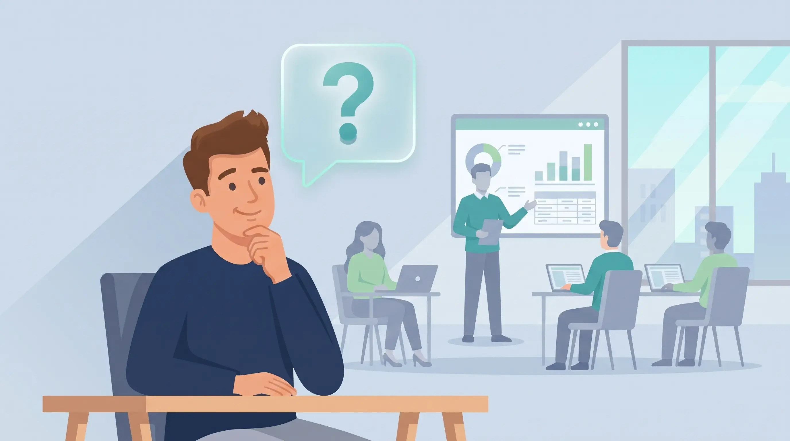 Häufige Fragen zu SAP S/4HANA Training – nachdenkliche Person vor einer laufenden SAP-Schulung